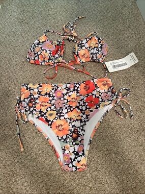 Floral High-Waist Tie-Side Bikini Set - Orange & Black Floral